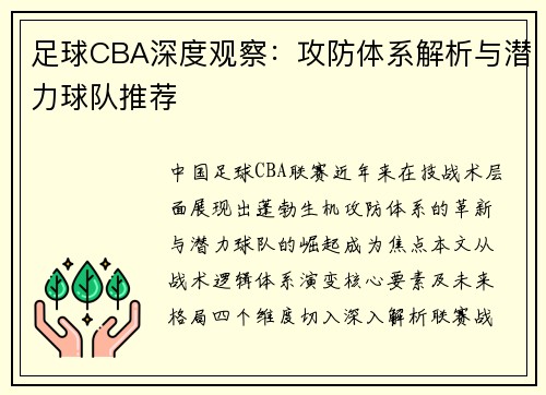 足球CBA深度观察：攻防体系解析与潜力球队推荐