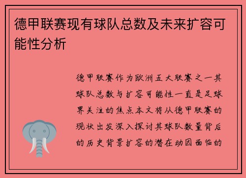 德甲联赛现有球队总数及未来扩容可能性分析